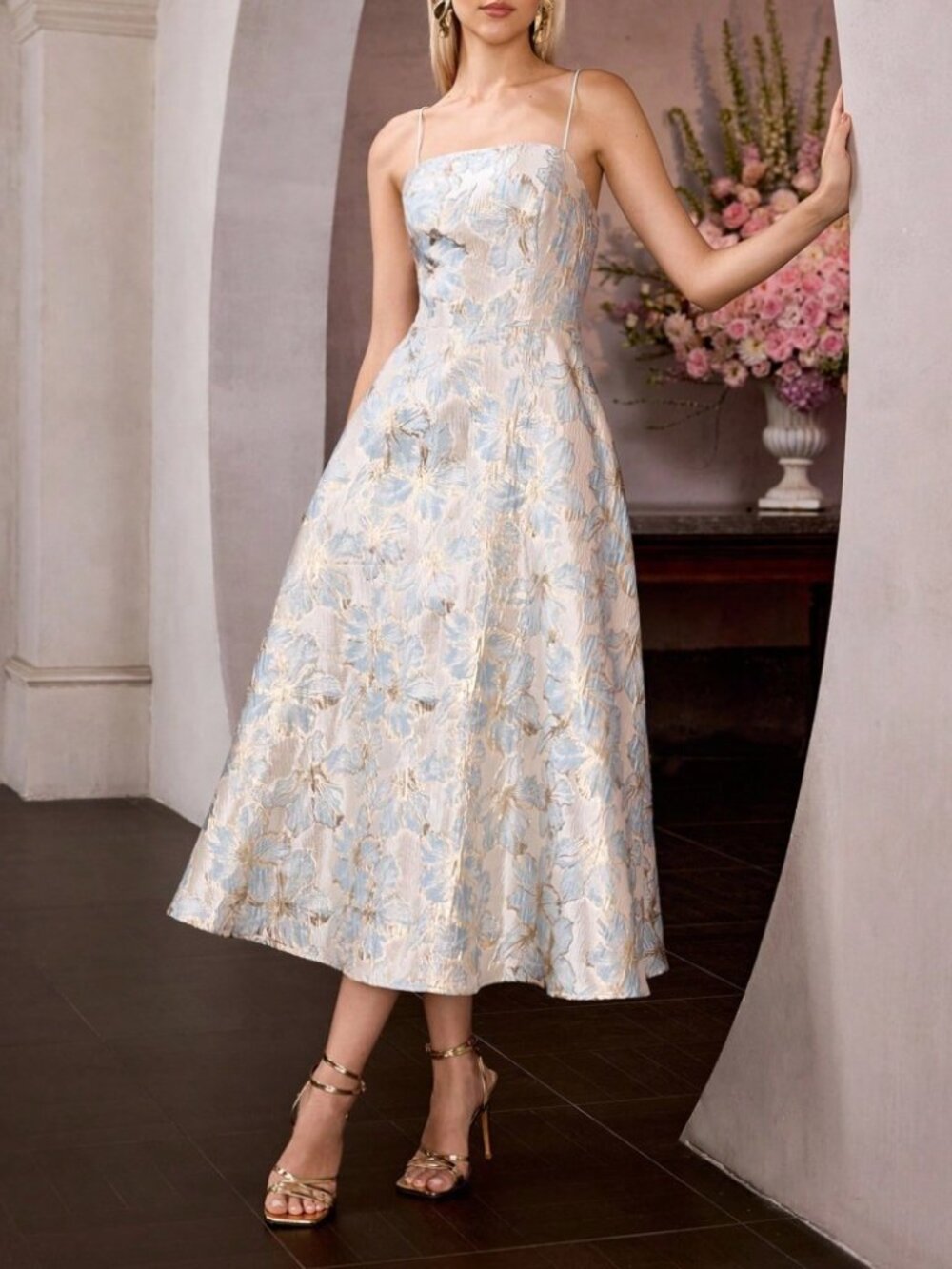 Blue Cream Floral Jacquard Midi Dress with Spaghetti Straps